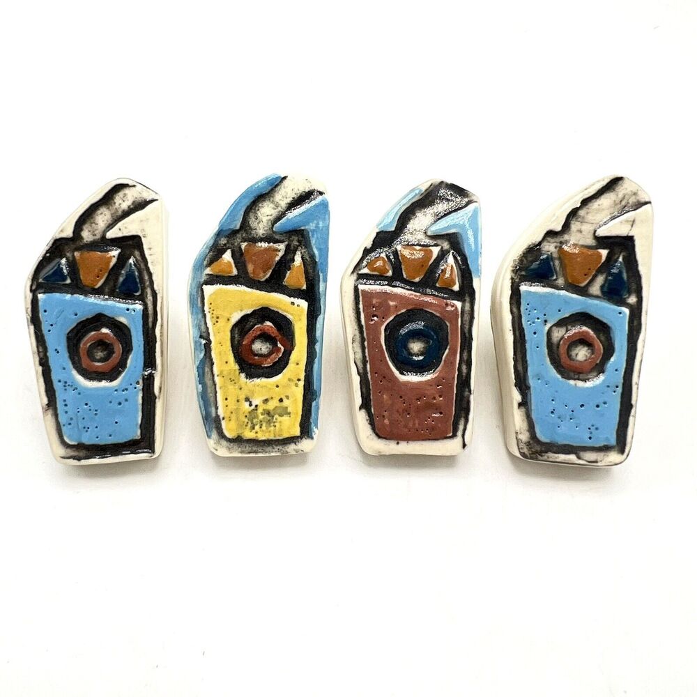 4 Coffee Cup Shaped Drawer Pulls Cabinet Knobs Glazed Ceramic Art Tile Novelty